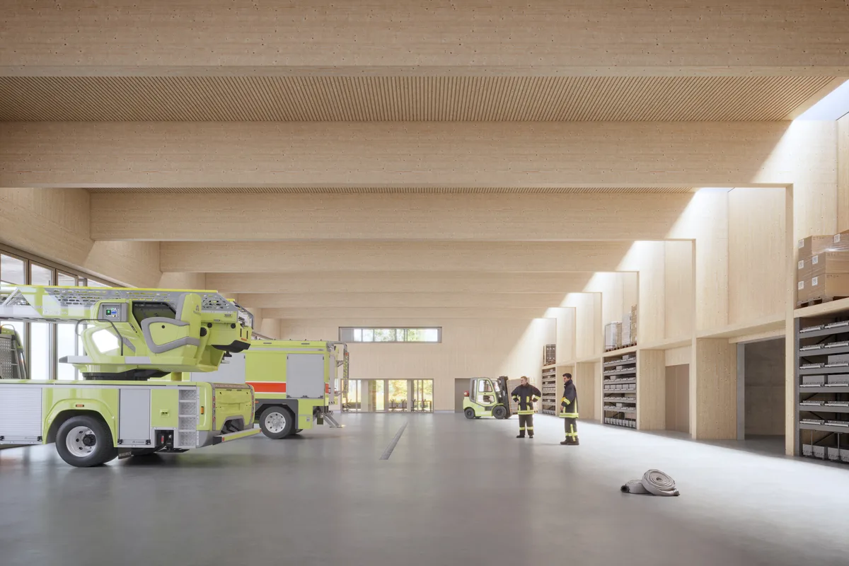 Man sieht eine Visualisierung des neuen Bevölkerungsschutzgebäudes in Maur.